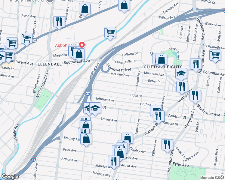 map of restaurants, bars, coffee shops, grocery stores, and more near 6553 Odell Street in St. Louis