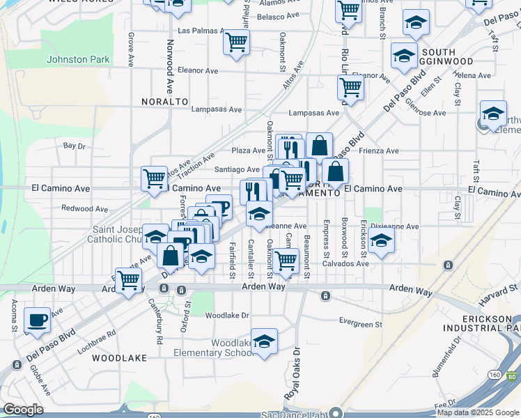 map of restaurants, bars, coffee shops, grocery stores, and more near 2017 Del Paso Boulevard in Sacramento