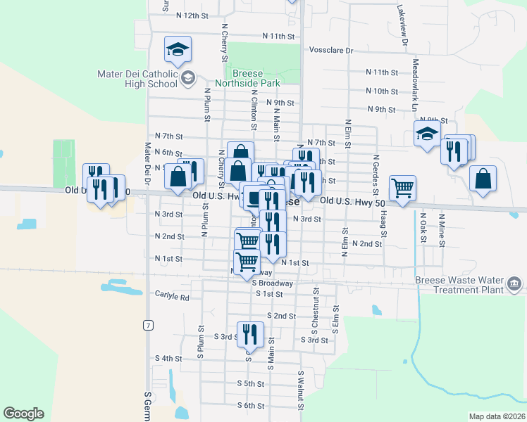 map of restaurants, bars, coffee shops, grocery stores, and more near in Breese