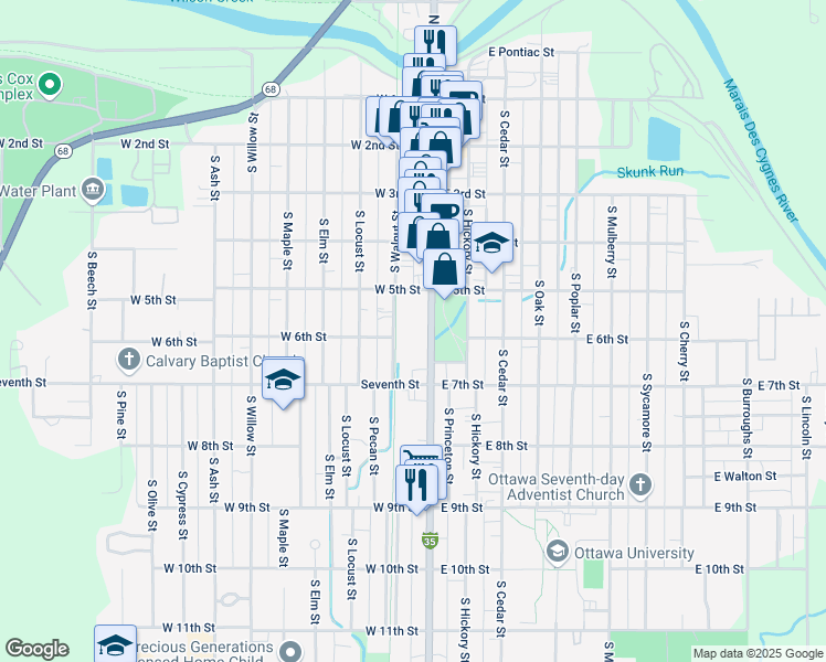 map of restaurants, bars, coffee shops, grocery stores, and more near 526 South Main Street in Ottawa