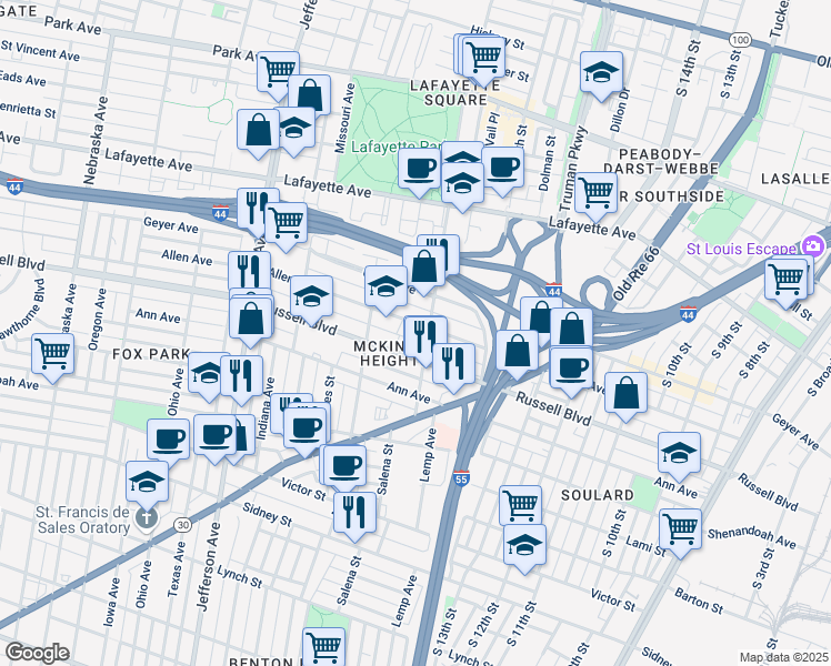map of restaurants, bars, coffee shops, grocery stores, and more near 2031 Russell Boulevard in St. Louis