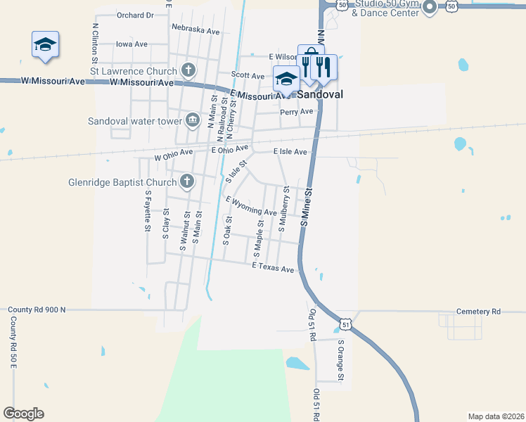 map of restaurants, bars, coffee shops, grocery stores, and more near East Wyoming Avenue in Sandoval