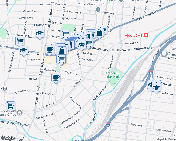 map of restaurants, bars, coffee shops, grocery stores, and more near 7229 Rule Avenue in Maplewood