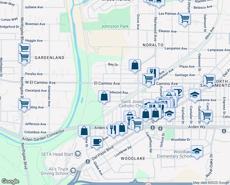 map of restaurants, bars, coffee shops, grocery stores, and more near 168 Redwood Avenue in Sacramento