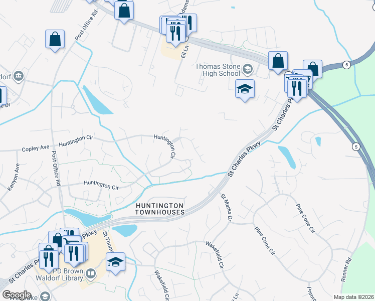 map of restaurants, bars, coffee shops, grocery stores, and more near 3282 Greenwich Court in Waldorf