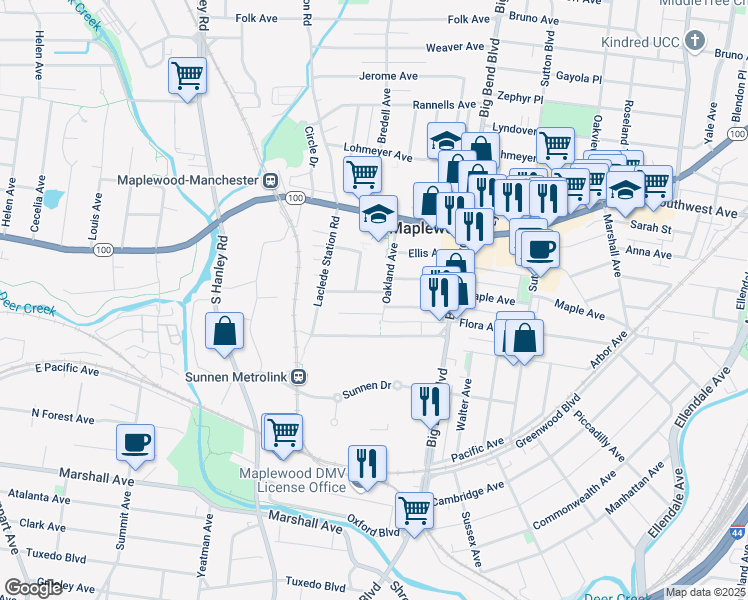 map of restaurants, bars, coffee shops, grocery stores, and more near 7604 Comfort Avenue in Maplewood
