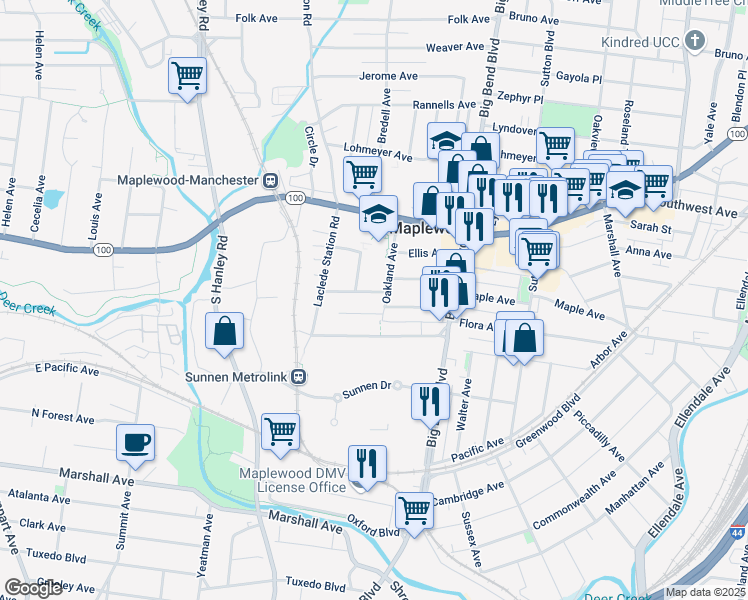 map of restaurants, bars, coffee shops, grocery stores, and more near 7604 Comfort Avenue in Maplewood