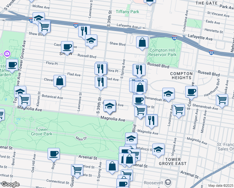 map of restaurants, bars, coffee shops, grocery stores, and more near 3824 Shenandoah Avenue in St. Louis