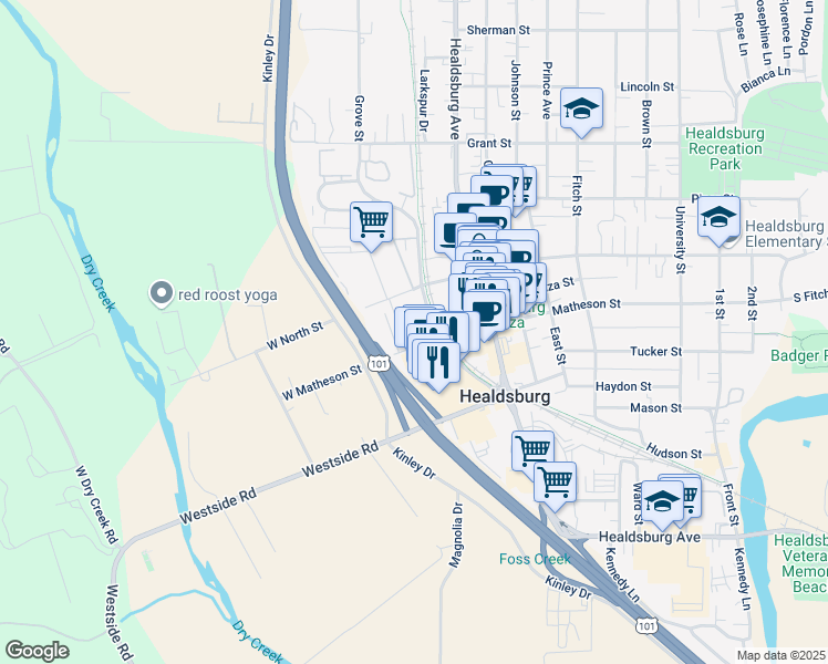 map of restaurants, bars, coffee shops, grocery stores, and more near 75 W Matheson St in Healdsburg