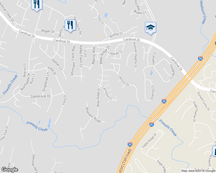 map of restaurants, bars, coffee shops, grocery stores, and more near 3480 Lacrosse Court in Woodbridge