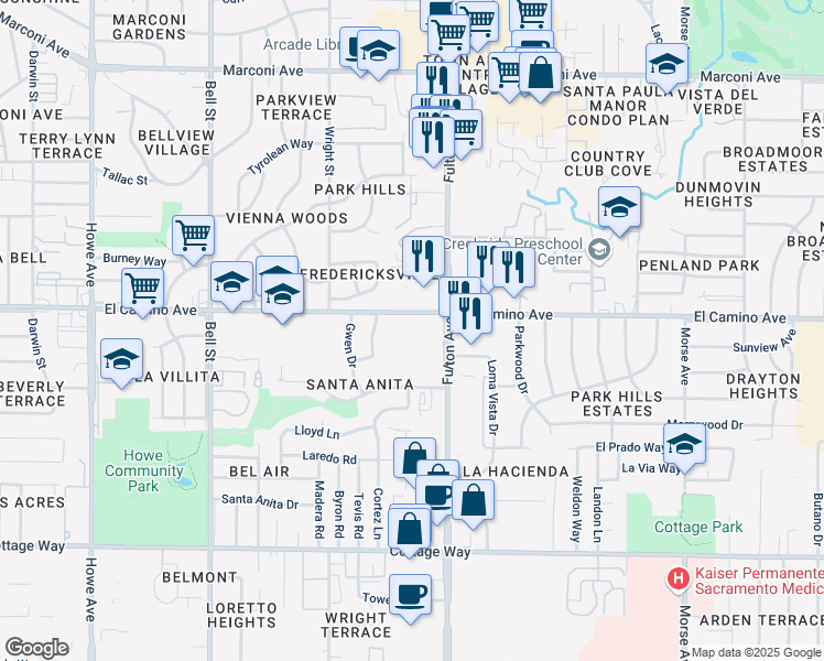 map of restaurants, bars, coffee shops, grocery stores, and more near 2518 West El Camino Avenue in Sacramento