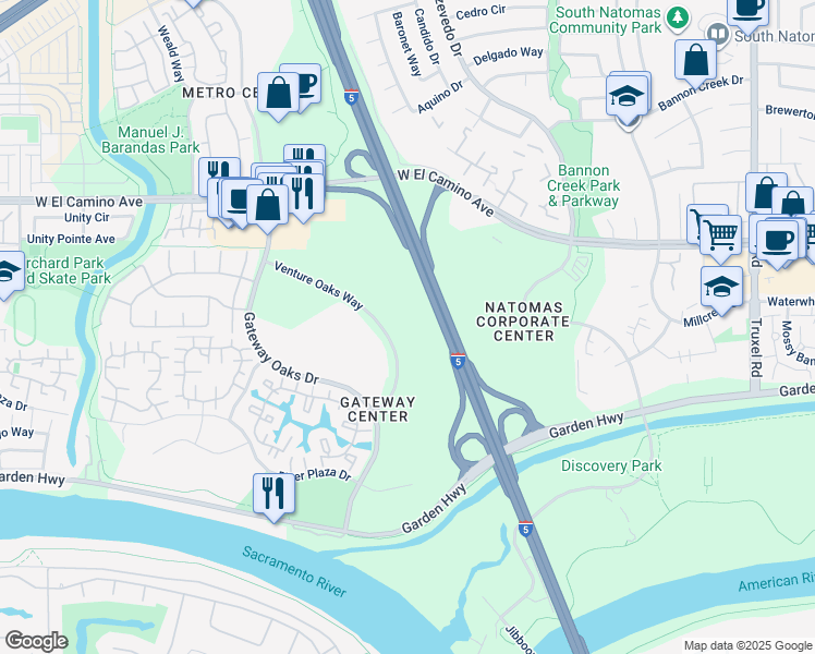 map of restaurants, bars, coffee shops, grocery stores, and more near 2520 Venture Oaks Way in Sacramento