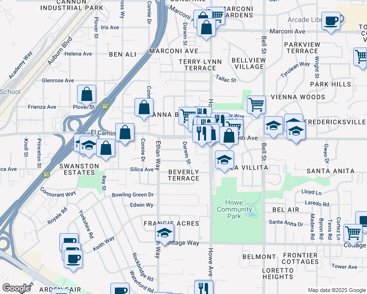 map of restaurants, bars, coffee shops, grocery stores, and more near 2420 Darwin Street in Sacramento