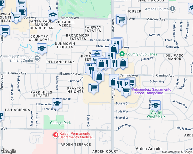 map of restaurants, bars, coffee shops, grocery stores, and more near 3328 El Camino Avenue in Sacramento