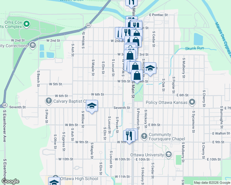 map of restaurants, bars, coffee shops, grocery stores, and more near 533 South Locust Street in Ottawa