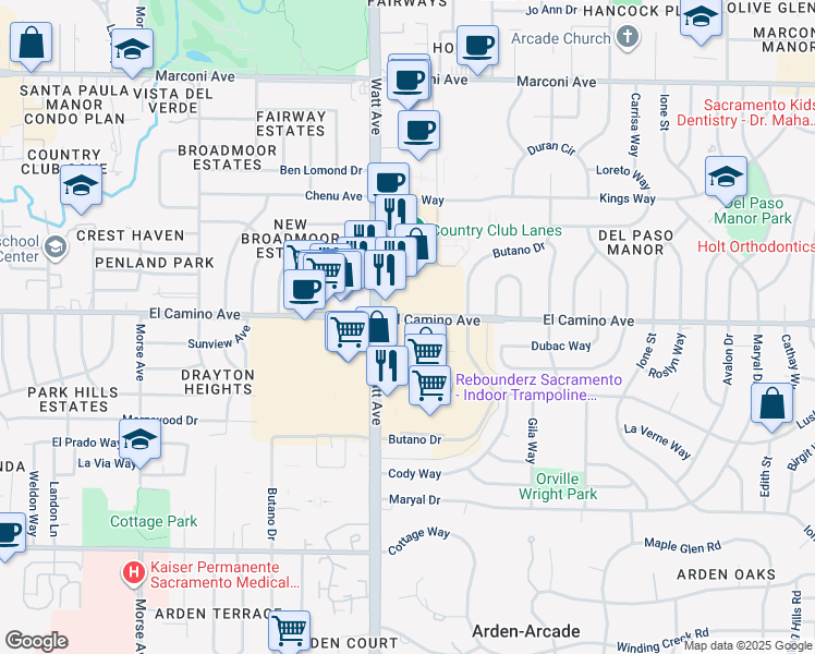 map of restaurants, bars, coffee shops, grocery stores, and more near 3528-3538 El Camino Avenue in Sacramento