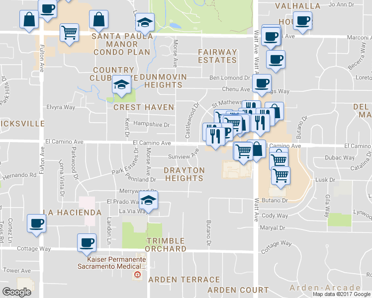 map of restaurants, bars, coffee shops, grocery stores, and more near 3212 El Camino Avenue in Sacramento