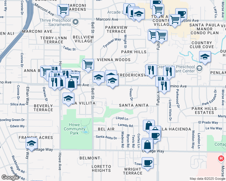 map of restaurants, bars, coffee shops, grocery stores, and more near 2360 El Camino Avenue in Sacramento