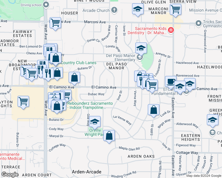 map of restaurants, bars, coffee shops, grocery stores, and more near 3910 El Camino Avenue in Sacramento
