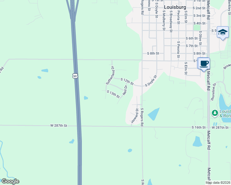 map of restaurants, bars, coffee shops, grocery stores, and more near 1118 South 13th Street in Louisburg