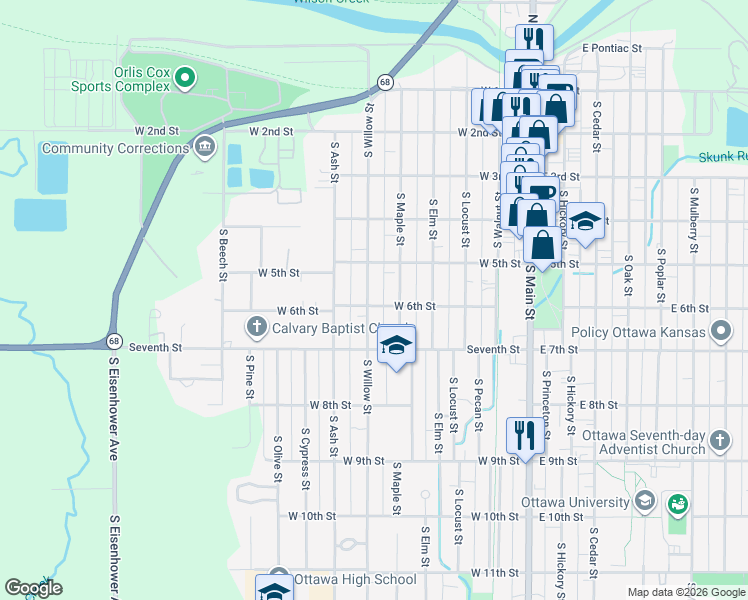 map of restaurants, bars, coffee shops, grocery stores, and more near 535 South Willow Street in Ottawa