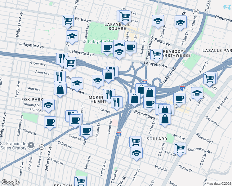 map of restaurants, bars, coffee shops, grocery stores, and more near 1906 Allen Avenue in St. Louis