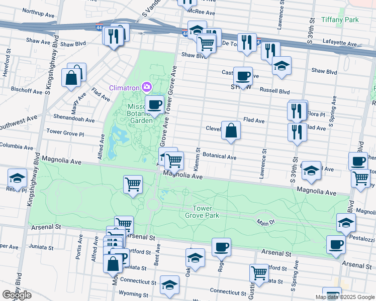 map of restaurants, bars, coffee shops, grocery stores, and more near 4210 Botanical Avenue in St. Louis