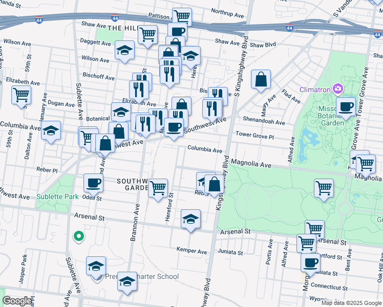 map of restaurants, bars, coffee shops, grocery stores, and more near 5004 Columbia Avenue in St. Louis