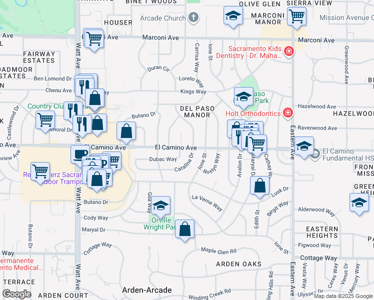 map of restaurants, bars, coffee shops, grocery stores, and more near 3908 El Camino Avenue in Sacramento
