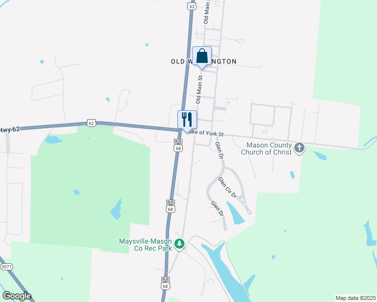 map of restaurants, bars, coffee shops, grocery stores, and more near 2309 Old Main Street in Maysville