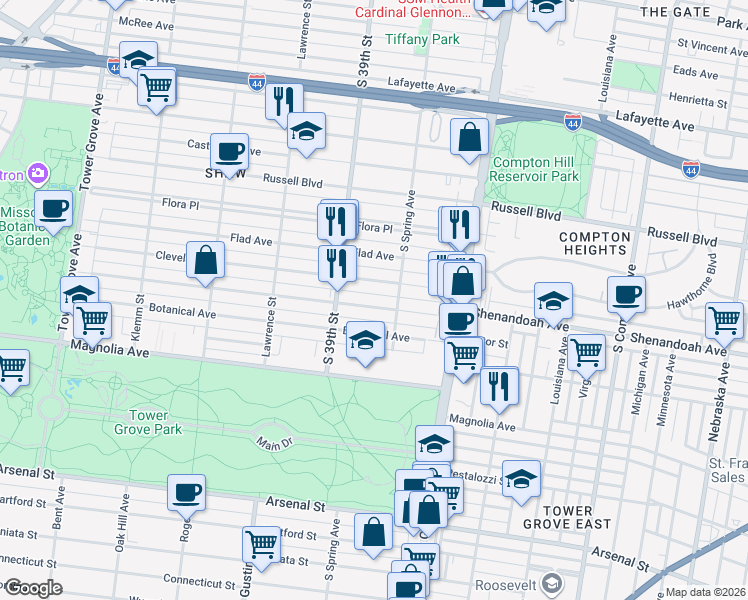 map of restaurants, bars, coffee shops, grocery stores, and more near 3827 Shenandoah Avenue in St. Louis