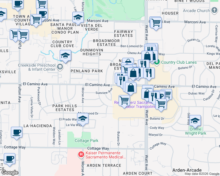 map of restaurants, bars, coffee shops, grocery stores, and more near 3212 El Camino Avenue in Sacramento