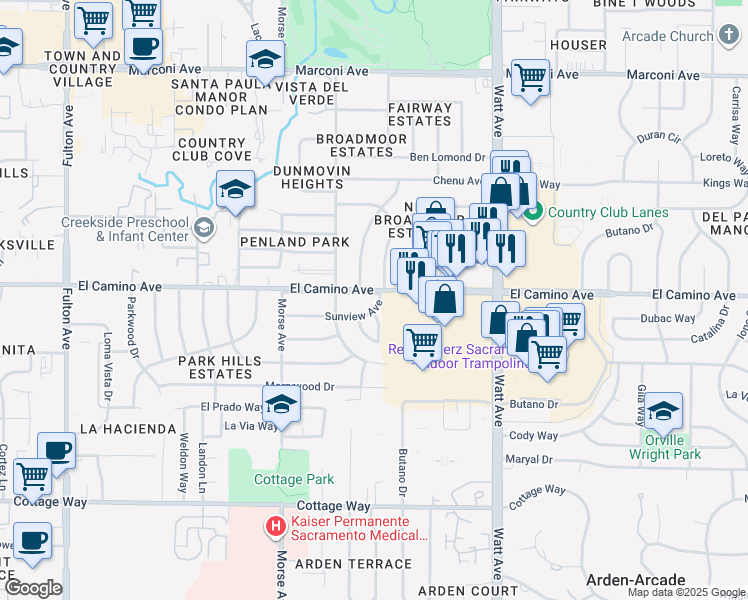 map of restaurants, bars, coffee shops, grocery stores, and more near 3212 El Camino Avenue in Sacramento