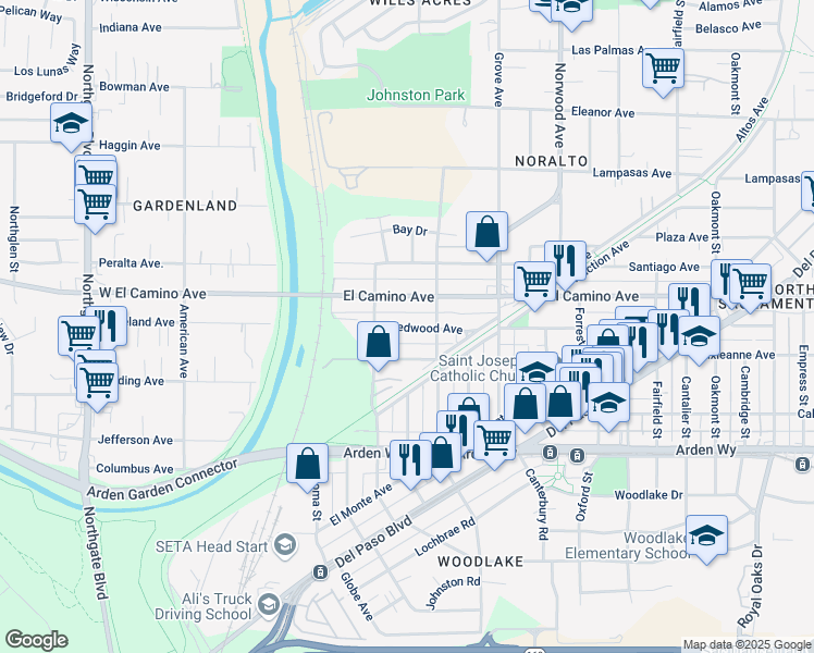 map of restaurants, bars, coffee shops, grocery stores, and more near 168 Redwood Avenue in Sacramento