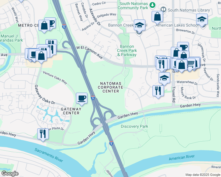 map of restaurants, bars, coffee shops, grocery stores, and more near in Sacramento
