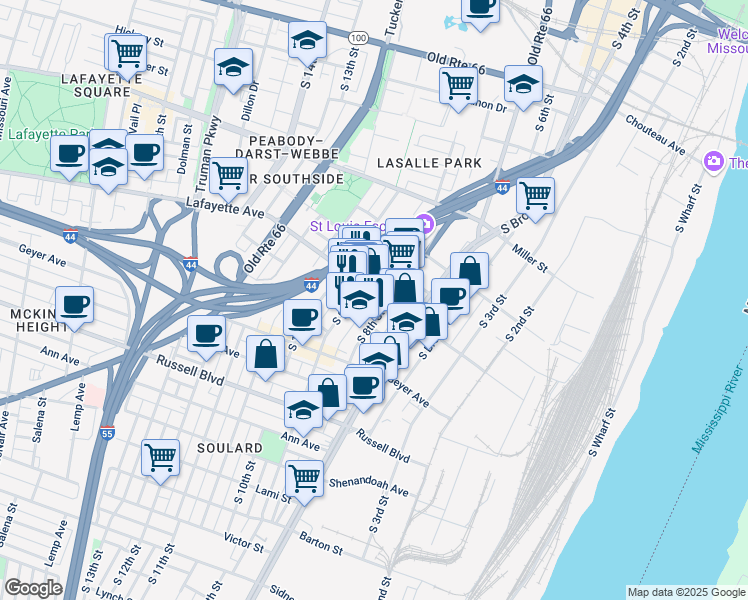 map of restaurants, bars, coffee shops, grocery stores, and more near 1718 South 8th Street in St. Louis