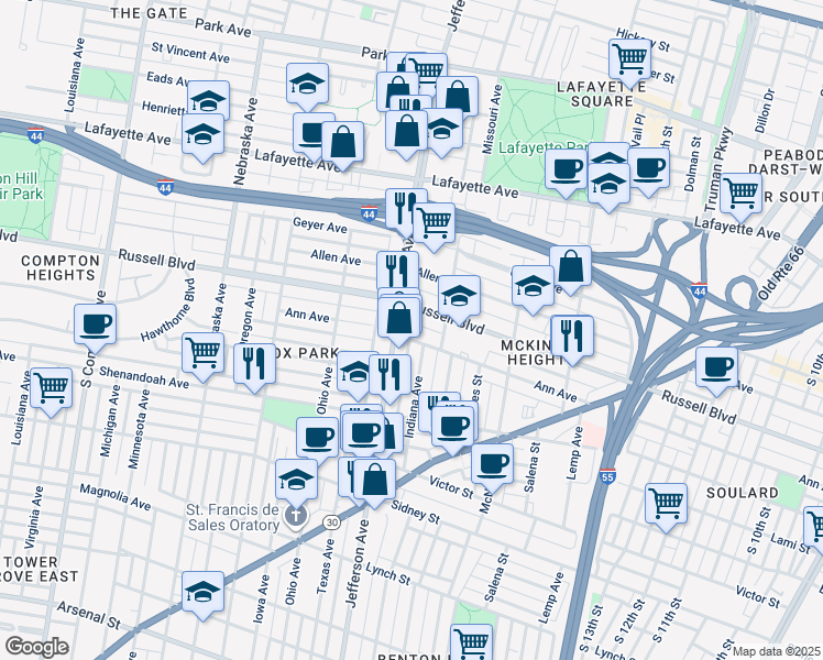 map of restaurants, bars, coffee shops, grocery stores, and more near 2200 South Jefferson Avenue in St. Louis