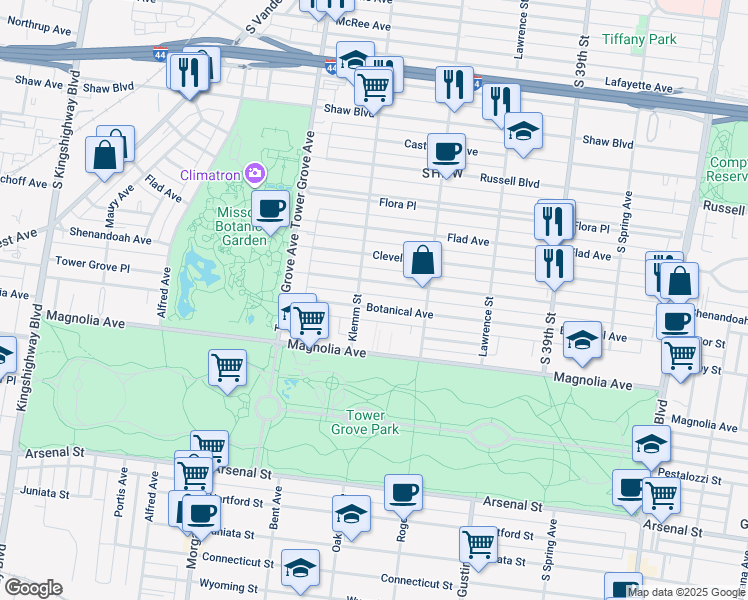 map of restaurants, bars, coffee shops, grocery stores, and more near 4153 Botanical Avenue in St. Louis
