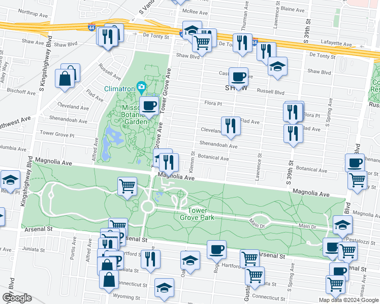 map of restaurants, bars, coffee shops, grocery stores, and more near 4210 Botanical Avenue in St. Louis