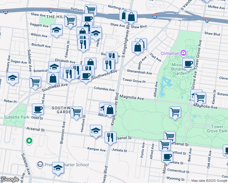 map of restaurants, bars, coffee shops, grocery stores, and more near 2607 South Kingshighway Boulevard in St. Louis
