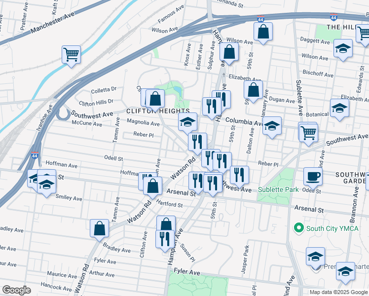 map of restaurants, bars, coffee shops, grocery stores, and more near 6025 Marmaduke Avenue in St. Louis