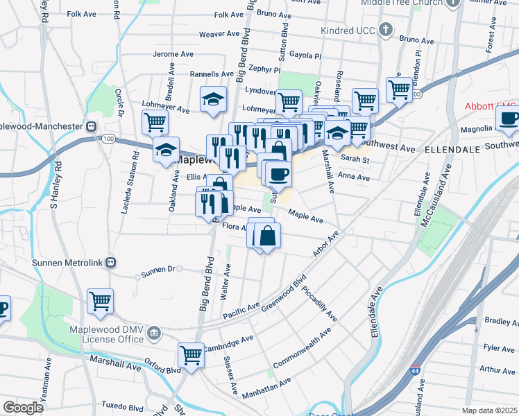 map of restaurants, bars, coffee shops, grocery stores, and more near 7414 Maple Avenue in Maplewood