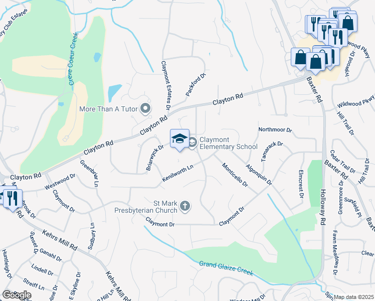 map of restaurants, bars, coffee shops, grocery stores, and more near 405 Country Club Drive in Ballwin