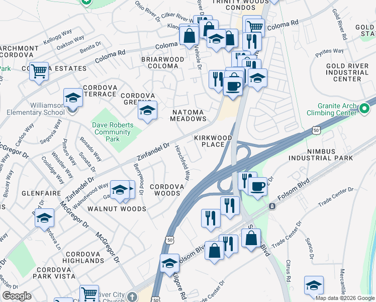 map of restaurants, bars, coffee shops, grocery stores, and more near 11070 Hirschfeld Way in Rancho Cordova