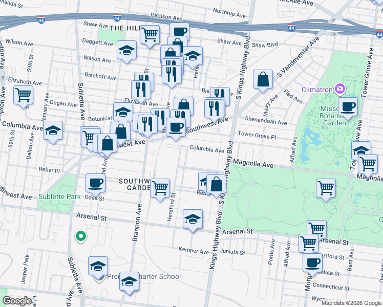 map of restaurants, bars, coffee shops, grocery stores, and more near 5004 Columbia Avenue in St. Louis