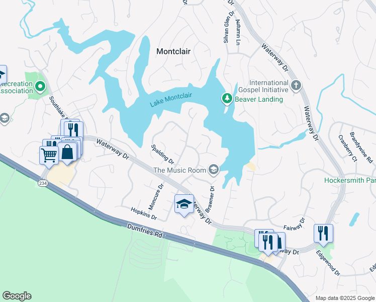 map of restaurants, bars, coffee shops, grocery stores, and more near 15801 Moncure Dr in Dumfries
