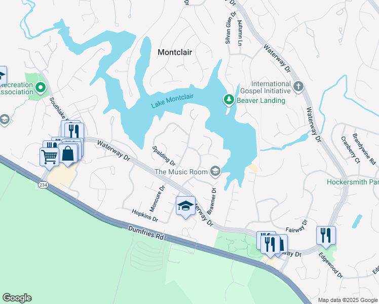 map of restaurants, bars, coffee shops, grocery stores, and more near 15801 Moncure Dr in Dumfries