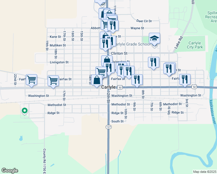map of restaurants, bars, coffee shops, grocery stores, and more near in Carlyle