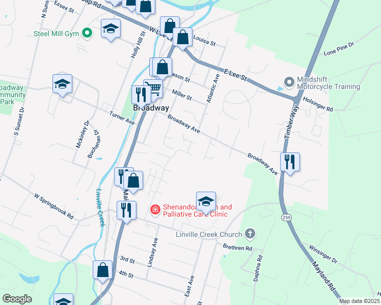 map of restaurants, bars, coffee shops, grocery stores, and more near 123 Alger Lane in Broadway