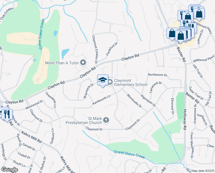 map of restaurants, bars, coffee shops, grocery stores, and more near 405 Country Club Drive in Ballwin
